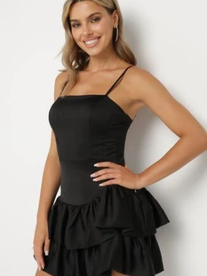 Czarna Sukienka na Ramiączkach o Rozkloszowanym Kroju z Falbanami Seladra allyson