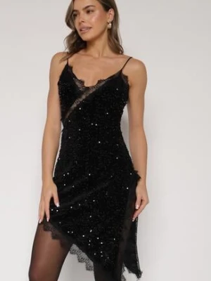 Czarna Sukienka o Asymetrycznym Kroju z Cekinami i Koronką Eldafera