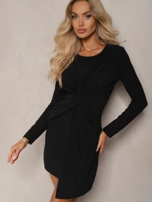 Czarna Sukienka o Asymetrycznym Kroju z Marszczeniem i Supełkiem w Talii Bellis allyson