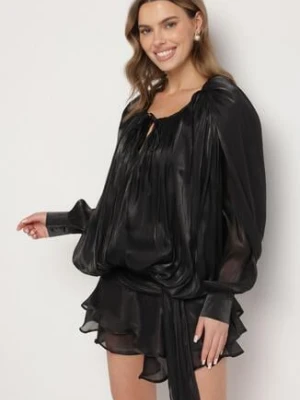 Czarna Sukienka o Bufiastym Kroju z Falbanami Trenem i Wiązaniem Lunalina elsa.m by may