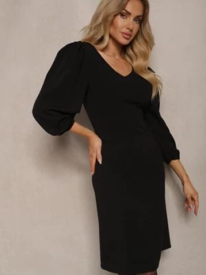 Czarna Sukienka o Dopasowanym Kroju z Lekko Bufiastymi Rękawami Zinnashira lovery