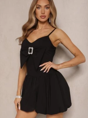 Czarna Sukienka o Fasonie Bombki z Kokardką na Dekolcie i Cyrkoniami Palonira lovery