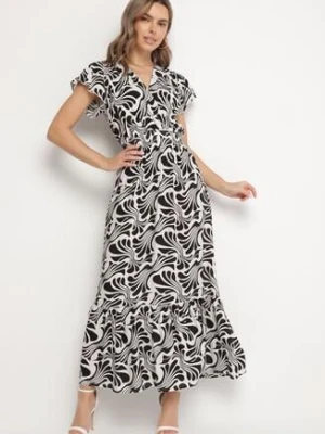 Czarna Sukienka o Kopertowym Fasonie z Falbanką w Kwiatowy Wzór Flormoi j&x