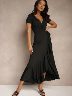 Czarna Sukienka o Kopertowym Fasonie z Falbankami Zleffia by swan