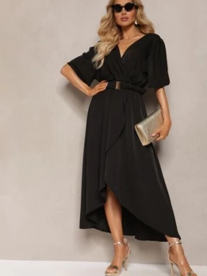 Czarna Sukienka o Kopertowym Kroju z Marszczoną Gumką i Paskiem w Talii Dariane wei wei
