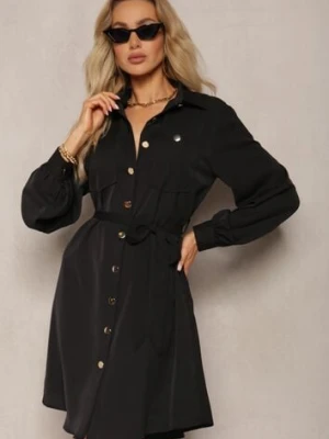 Czarna Sukienka o Koszulowym Fasonie Utility z Bufiastymi Rękawami Wiązana w Pasie Emianna unigirl