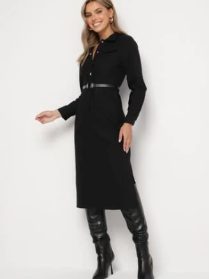 Czarna Sukienka o Koszulowym Kroju z Dodatkowym Paskiem i Rozcięciami u Dołu Arinnis rosa