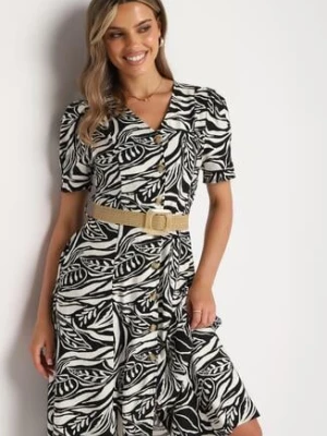 Czarno-Biała Sukienka o Koszulowym Kroju z Plecionym Paskiem w Talii Zaratia rosa