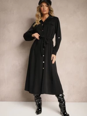 Czarna Sukienka o Koszulowym Kroju z Rękawami z Możliwością Podpięcia i Wiązanym Paskiem Ivalorae j studio