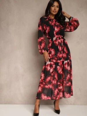 Czarno-Czerwona Sukienka o Pudełkowym Kroju w Kwiatowy Wzór Ozdobiona Paskiem Acexia lovery