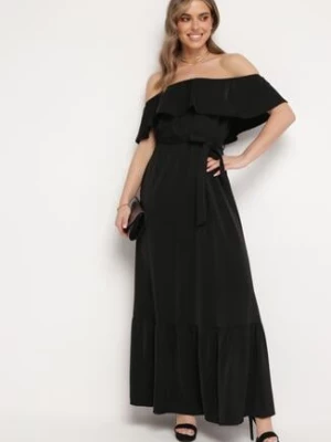 Czarna Sukienka o Rozkloszowanym Fasonie z Hiszpańskim Dekoltem i Materiałowym Paskiem Nacara