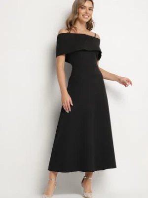 Czarna Sukienka o Rozkloszowanym Kroju na Ramiączkach z Wywijanym Dekoltem Jenathia allyson