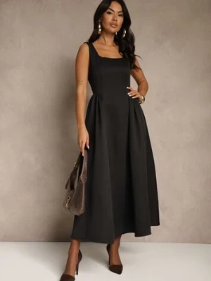 Czarna Sukienka o Rozkloszowanym Kroju na Szerokich Ramiączkach Retelina