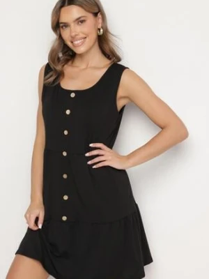 Czarna Sukienka o Rozkloszowanym Kroju na Szerokich Ramiączkach z Guzikami Saniella defox