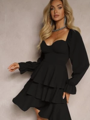 Czarna Sukienka o Rozkloszowanym Kroju z Falbanami i Bufiastymi Rękawami Semiella fashion