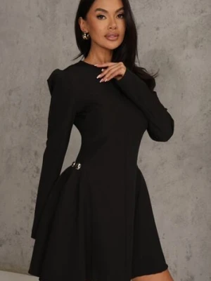 Czarna Sukienka o Rozkloszowanym Kroju z Ozdobą z Boku Eleslia