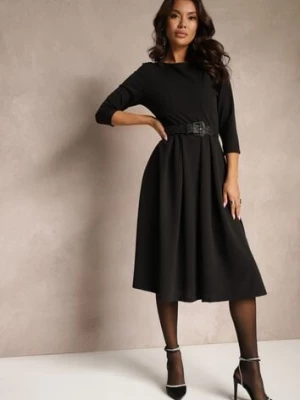 Czarna Sukienka o Rozkloszowanym Kroju z Ozdobnymi Przeszyciami Reanelis lovery