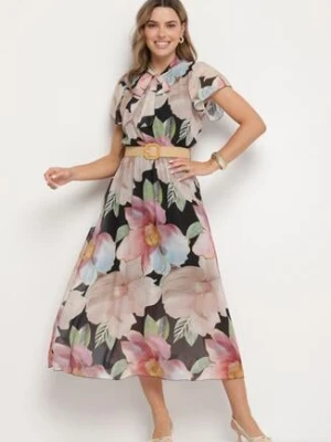 Czarna Sukienka o Rozkloszowanym Kroju z Wiązaniem przy Dekolcie i Paskiem Sorilina lovery