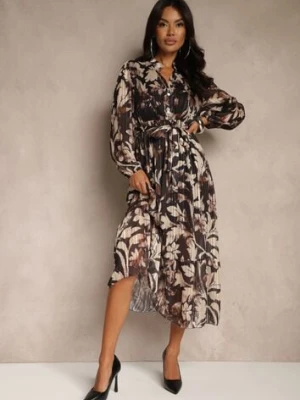 Czarna Sukienka o Rozkloszowanym Kroju z Wiązanym Paskiem i Metaliczną Nicią Nalimirae lovery