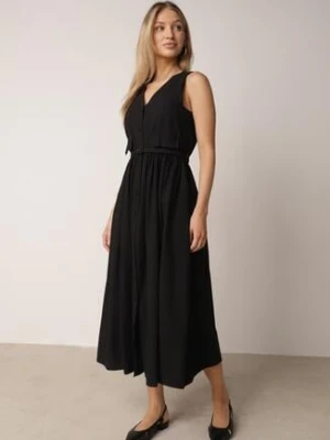 Czarna Sukienka o Rozkloszowanym Kroju z Wiskozą i Bawełną z Paskiem Kelaliria unigirl