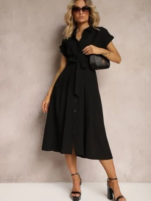 Czarna Sukienka o Rozkloszowanym Kroju Zapinana na Guziki z Materiałowym Paskiem Moaril unigirl