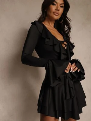 Czarna Sukienka o Taliowanym Kroju z Falbanami Tiseania allyson