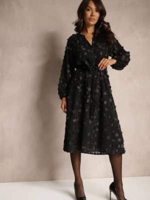 Czarna Sukienka o Trapezowym Kroju z Paskiem Guzikami przy Dekolcie i Aplikacjami 3D Etinlia bisou's project