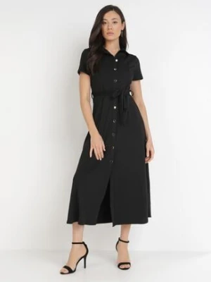 Czarna Sukienka o Koszulowym Fasonie Wiązana w Talii Ophieithe by swan