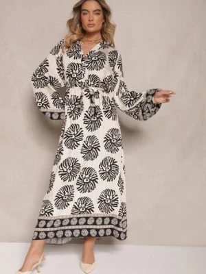 Czarna Sukienka Oversize z Wiskozy z Paskiem Zdobiona Etnicznym Printem Velsekia maja studio