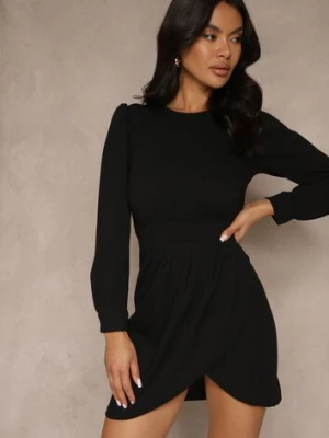 Czarna Sukienka Ozdobiona Bufiastymi Rękawami i Marszczeniem Vedelli messaya