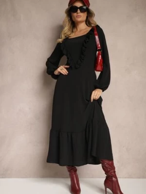 Czarna Sukienka Ozdobiona Falbanami o Rozkloszowanym Kroju Alleira fashion station