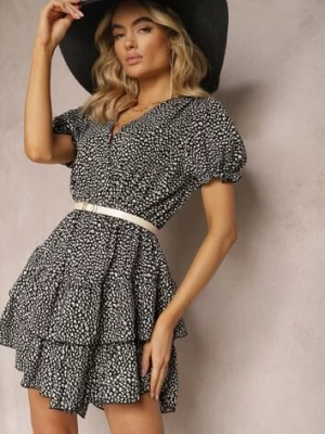 Czarna Sukienka Ozdobiona Falbankami z Gumką w Talii i Bufiastymi Rękawkami Ornefia cflo