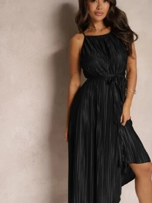 Czarna Sukienka Plisowana z Paskiem w Talii na Cienkich Ramiączkach Wasea cflo