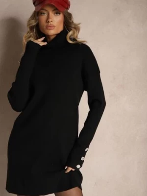 Czarna Sukienka Półgolf z Wełną Bawełną i Guzikami na Rękawach Ilanil