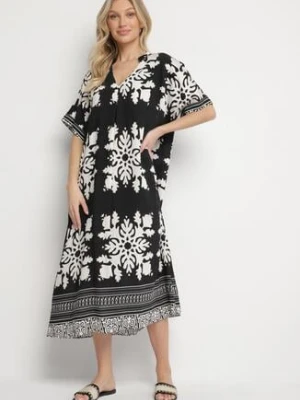 Czarna Sukienka Pudełkowa z Wiskozy z Dekoltem w Serek w Etniczny Wzór Abrellis cflo