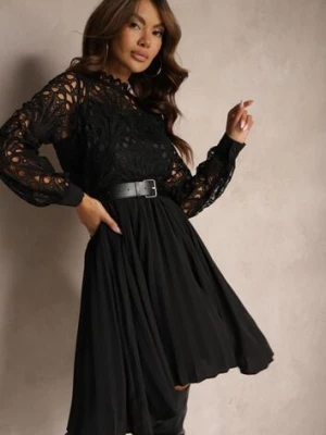 Czarna Sukienka Retro z Paskiem z Ekoskóry Ozdobiona Ażurową Koronką Nevelime elsa.m by may
