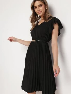 Czarna Sukienka Rozkloszowana Midi z Plisowanym Dołem Sabara