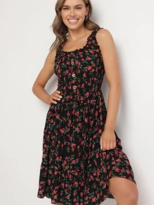 Czarna Sukienka Rozkloszowana na Ramiączkach w Kwiaty Tallio defox
