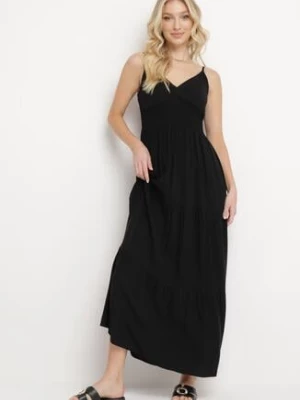 Czarna Sukienka Rozkloszowana na Regulowanych Ramiączkach z Bawełny Aletise