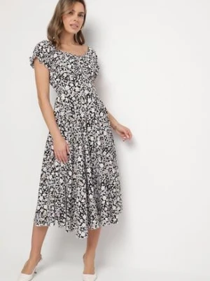 Czarna Sukienka Rozkloszowana w Kwiaty z Bawełną i Bufkami Sanirla wei wei