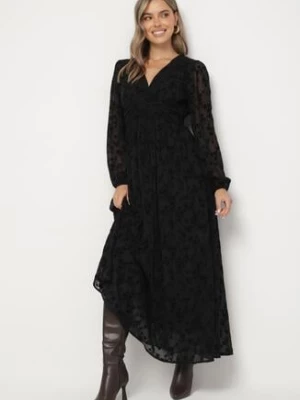 Czarna Sukienka Rozkloszowana z Prześwitującymi Wstawkami Ozdobiona Kwiatami Kalabia retro & icone