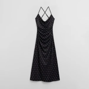 Czarna sukienka satynowa maxi w białe kropki House