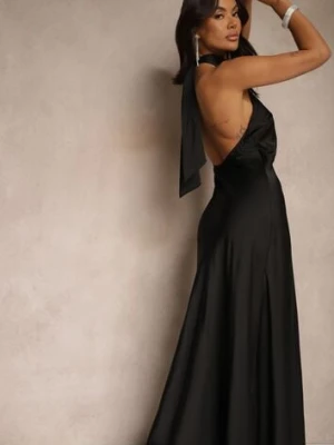 Czarna Sukienka Satynowa z Dekoltem Halter i Odkrytymi Plecami Belas allyson