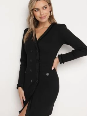 Czarna Sukienka Sweterkowa Dwurzędowa z Guzikami i Ozdobnymi Frędzlami Vluona elsa.m by may