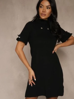 Czarna Sukienka Sweterkowa o Trapezowym Kroju z Perełkami Liatusea
