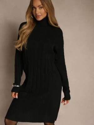 Czarna Sukienka Sweterkowa z Golfem Wełną Bawełną i Ozdobnym Splotem Reilenea
