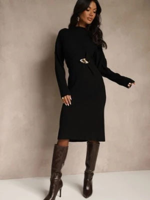 Czarna Sukienka Sweterkowa z Wiskozą Ozdobiona Metaliczną Broszką Titavea unigirl