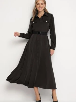 Czarna Sukienka Szmizjerka z Satyny Ozdobiona Paskiem i Imitacjami Kieszeni Vamilea unigirl