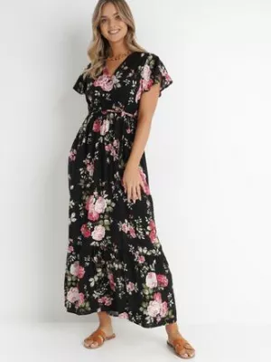 Czarna Kopertowa Sukienka w Kwiatowy Wzór z Paskiem i Falbanką Thellippe cflo