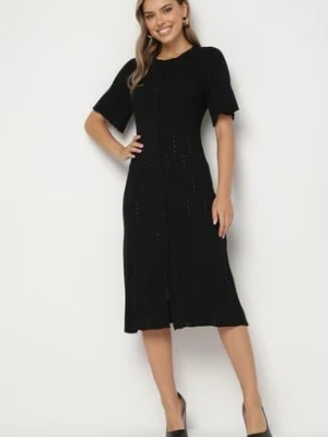 Czarna Sukienka Trapezowa z Wiskozą Zapinana na Guziki Zetiella rosa